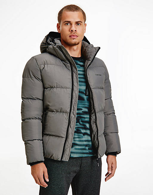 Calvin Klein crinkle nylon detatchable hood puffer jacket in grey | ASOS