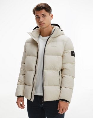 Calvin Klein crinkle nylon detatchable hood puffer jacket in stone