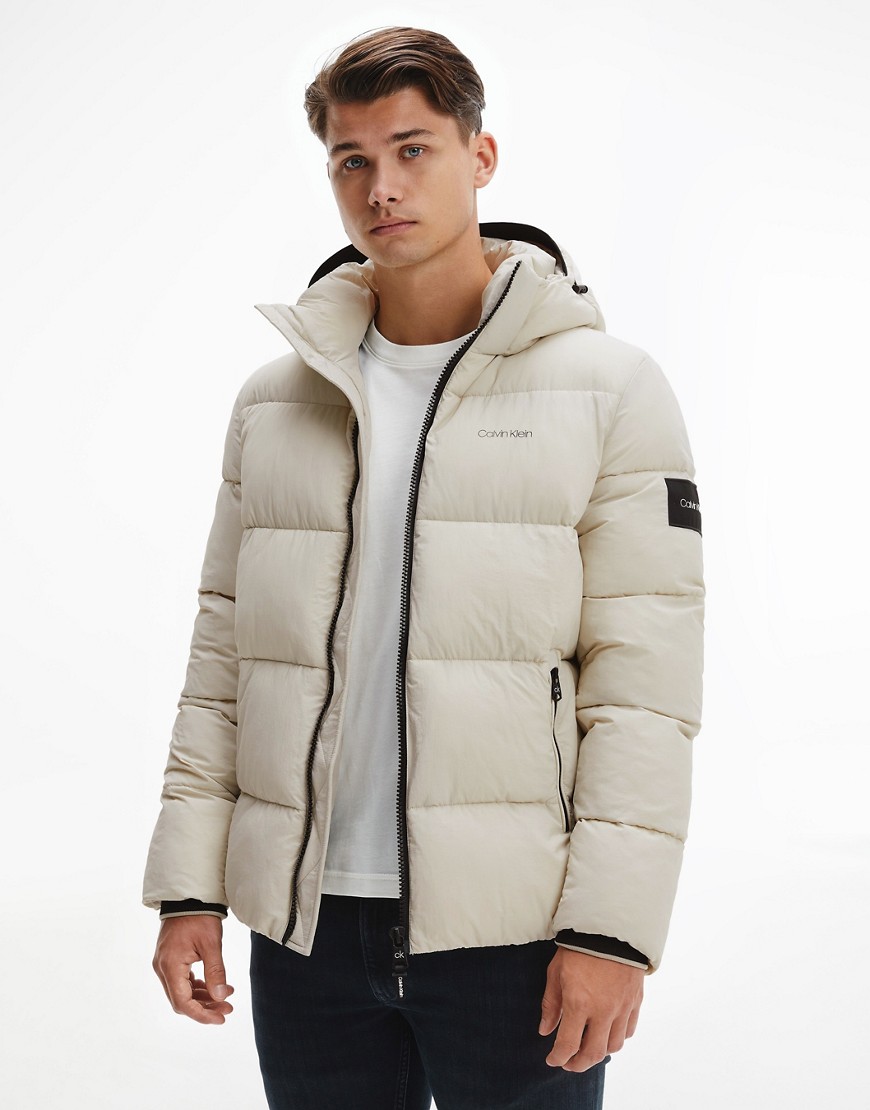 Calvin Klein crinkle nylon detatchable hood puffer jacket in stone-Neutral