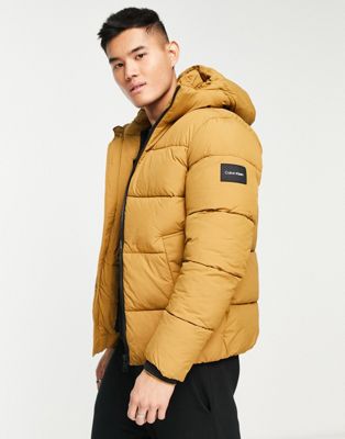 Calvin Klein crinkle nylon hooded puffer jacket in tan