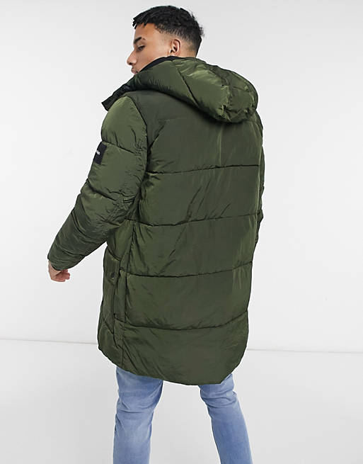 Calvin Klein crinkle nylon long length jacket in khaki | ASOS