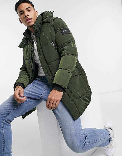 Calvin Klein crinkle nylon long length jacket in khaki | ASOS