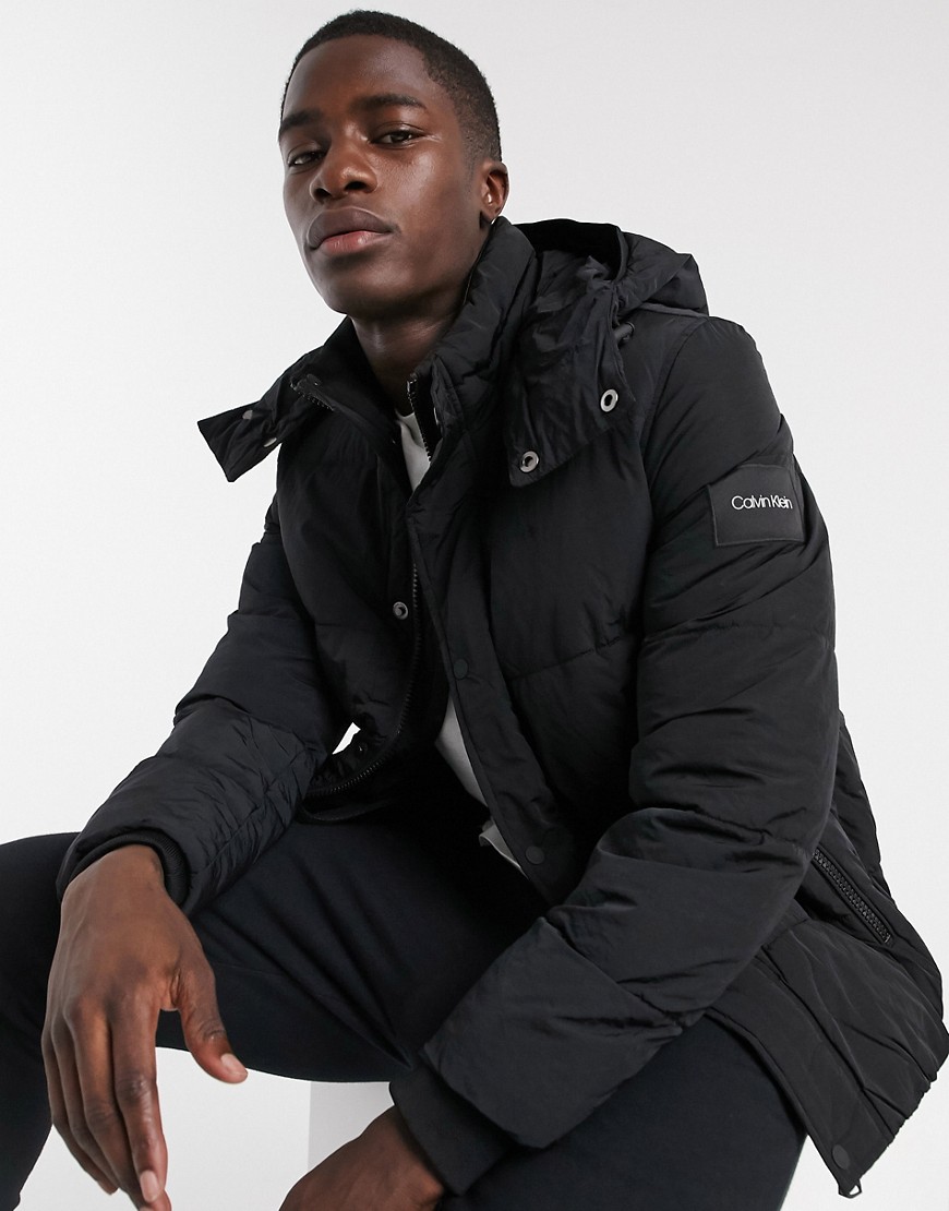 Calvin Klein crinkle nylon mid length jacket in black