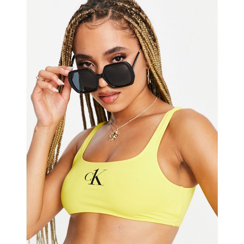  Donna Calvin Klein - Bikini con top corto con logo giallo