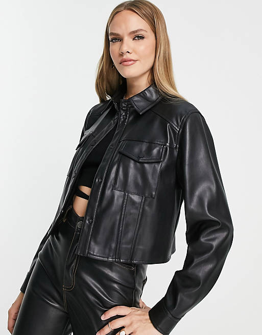 Calvin Klein cropped faux leather jacket in black | ASOS