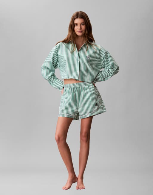 Calvin Klein - Cropped gestreept poplin overhemd met logo in groen, deel van co-ord set, 2 van 4