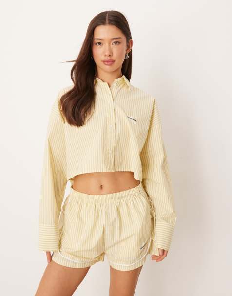 Calvin Klein cropped poplin shirt in yellow stripe, part of a set - view 1
