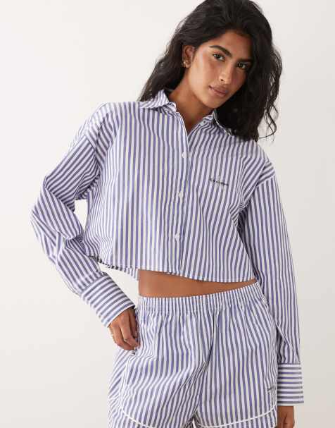 Calvin Klein - Cropped poplin-skjorte med blå striber og logo - Del af sæt - view 1