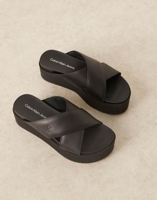 Calvin Klein cross strap flatform sandals in black, 3 of 4
