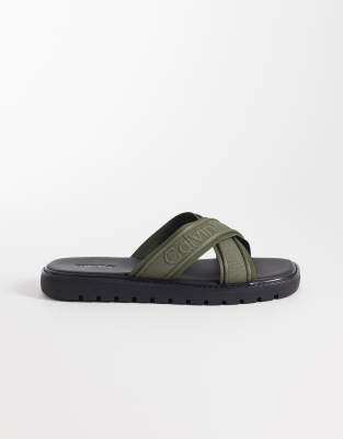 Calvin Klein cross strap sandals in khaki green deep lichen greenbl 20790₽
