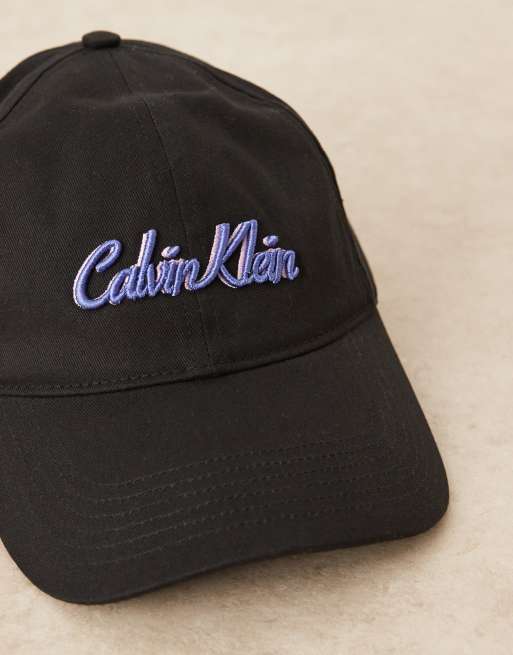 Calvin Klein cursive logo cap in black and lilac, 2 of 3