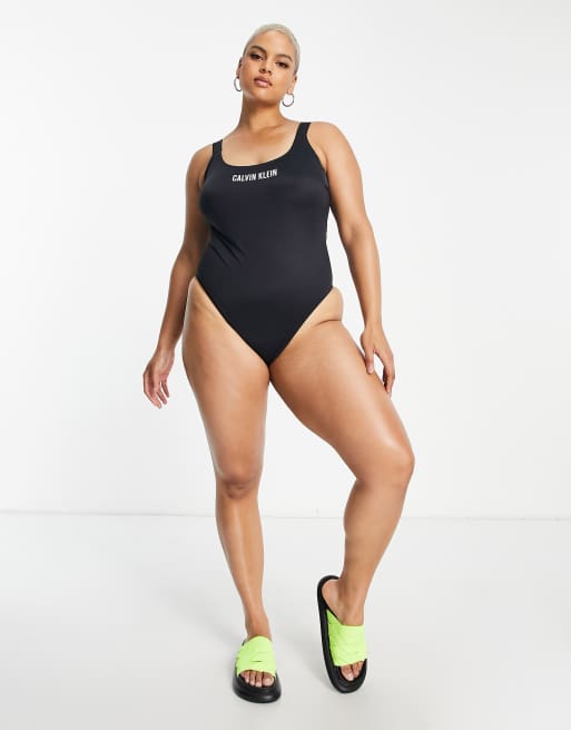 Calvin Klein Curve scoop high leg swimsuit in black | ASOS