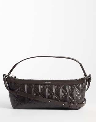 Calvin Klein Debossed Shoulder Bag With Crinkle Texture Cross-body Strap In Brown