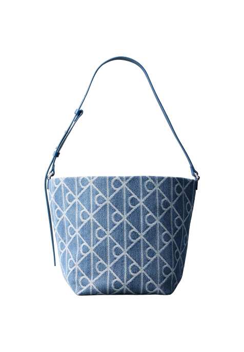 Calvin Klein denim bucket bag with allover emblem print in blue wash - view 1
