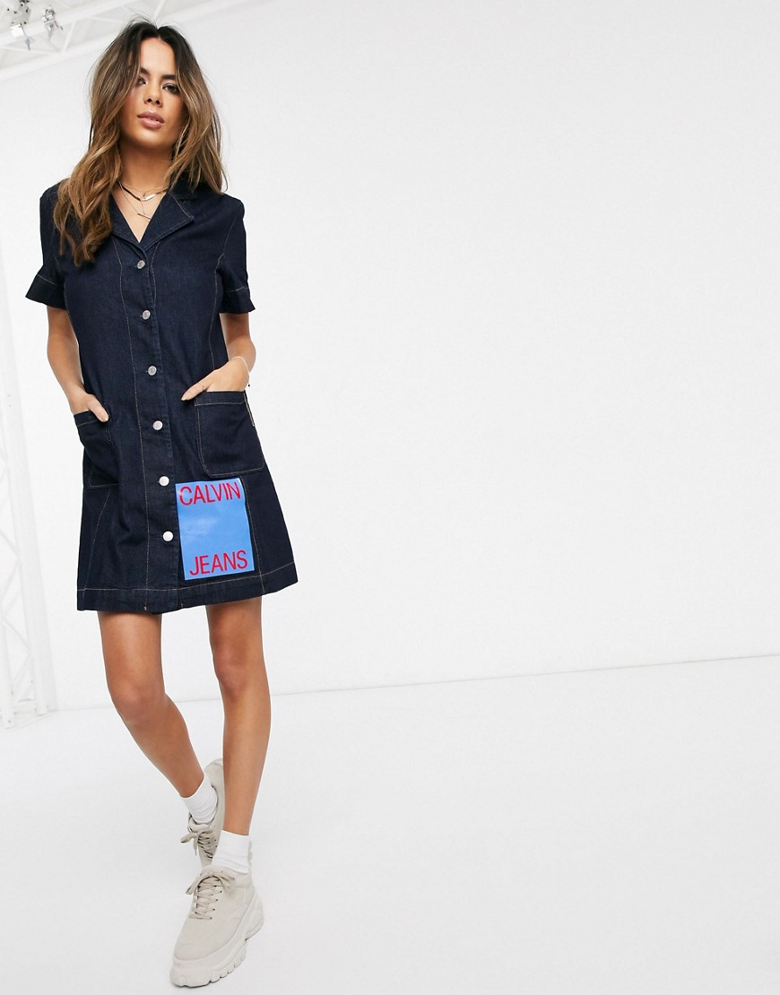 Calvin Klein denim button down dress with logo patch-Navy