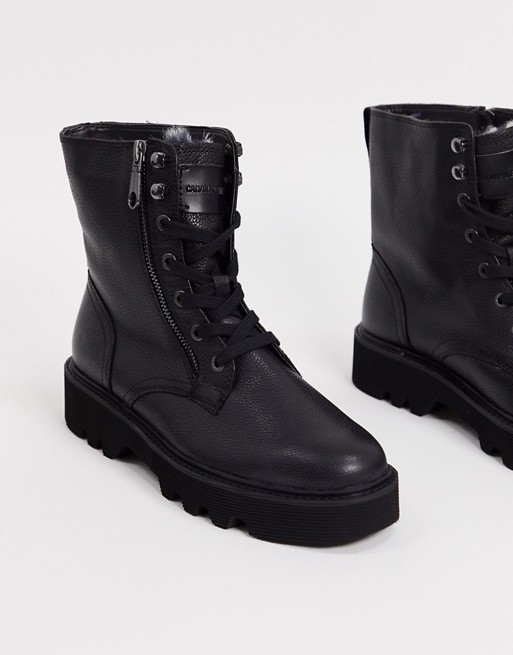 Calvin Klein diahne leather lace up military boot in black
