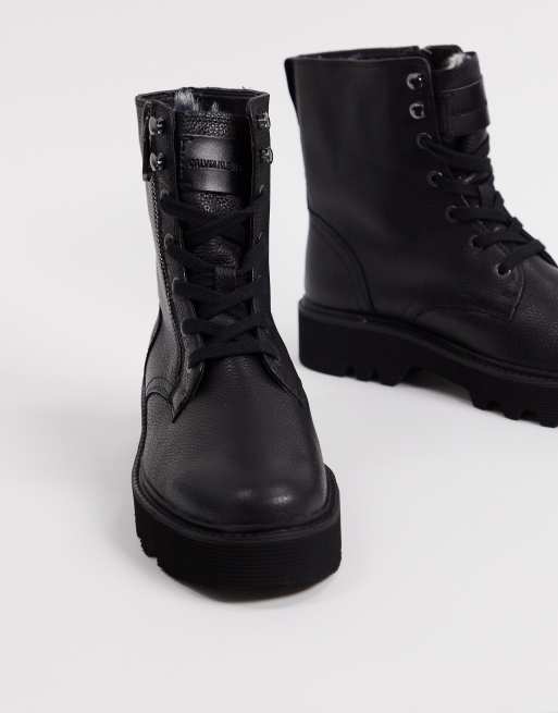 Calvin Klein diahne leather lace up military boot in black ASOS