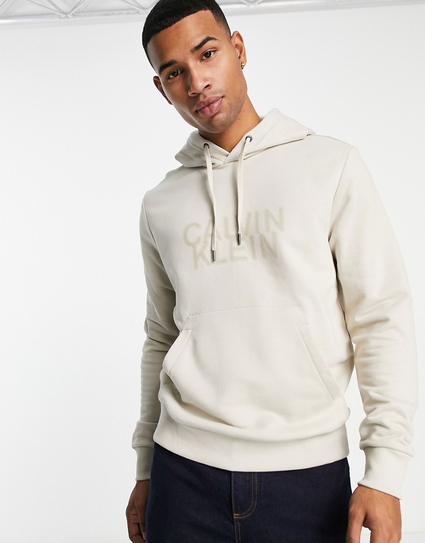 Calvin Klein distorted logo cotton blend hoodie in stone-Neutral