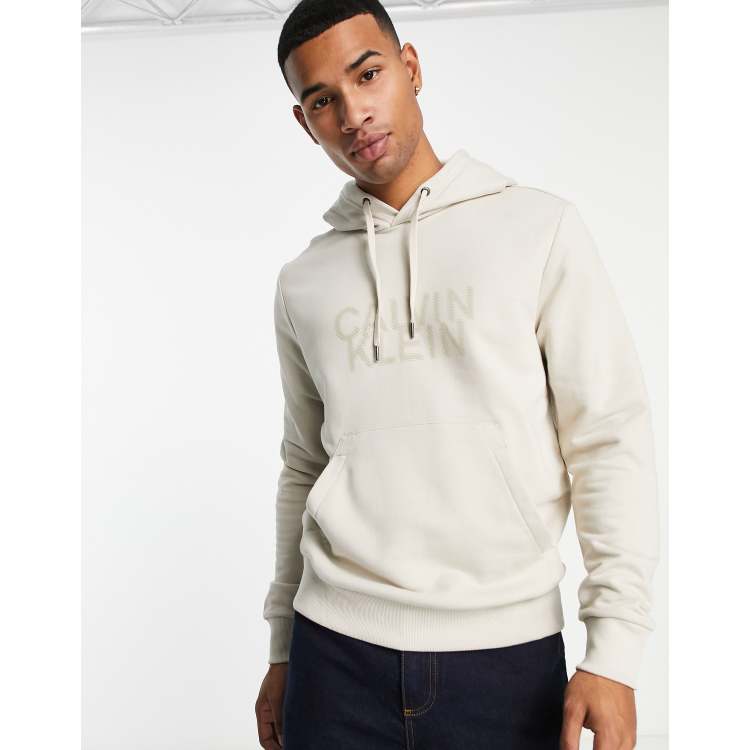 Calvin Klein distorted logo cotton blend hoodie in stone | ASOS