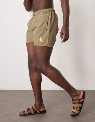 Calvin Klein Drawstring Logo Swim Shorts In Green