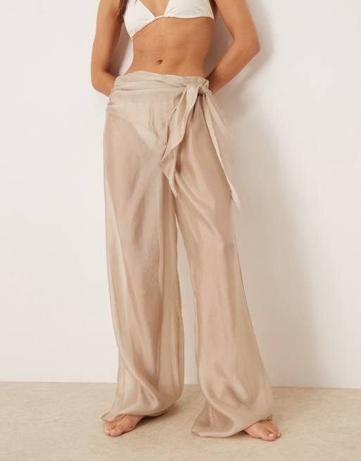 Calvin Klein – Durchscheinende Hose in Hellbraun mit weitem Bein und Bindeband, 2 von 5