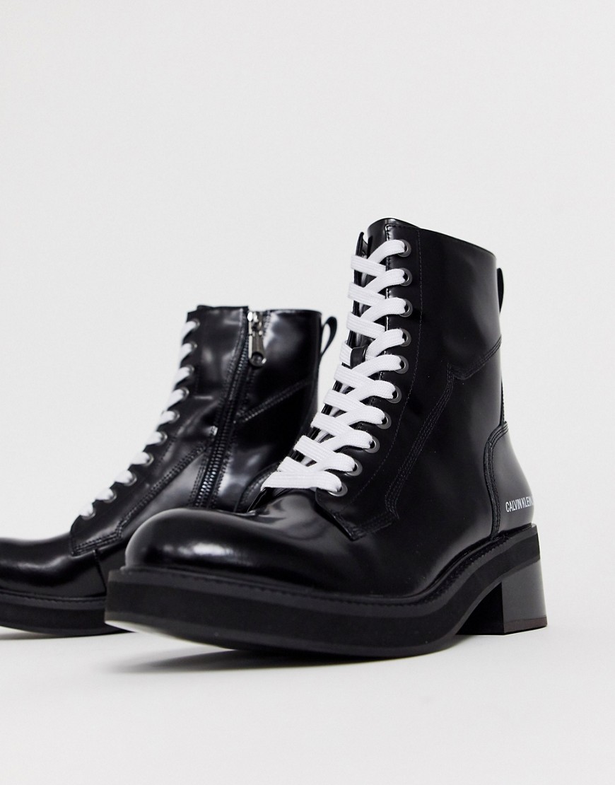 Calvin Klein Ebba chunky lace up leather ankle boots in black