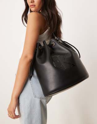 Calvin Klein Embossed Ck Bucket Bag In Black