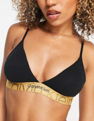 Calvin Klein Embossed Icon cotton blend lightly lined triangle bralette in  black and gold