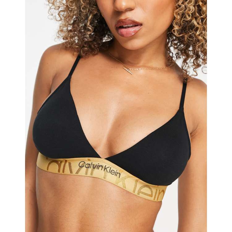 Calvin Klein Women`s Lightly Lined Padded Monochrome Logo Triangle Bralette  (Small, Black(QP2242-001)/Black) at  Women's Clothing store