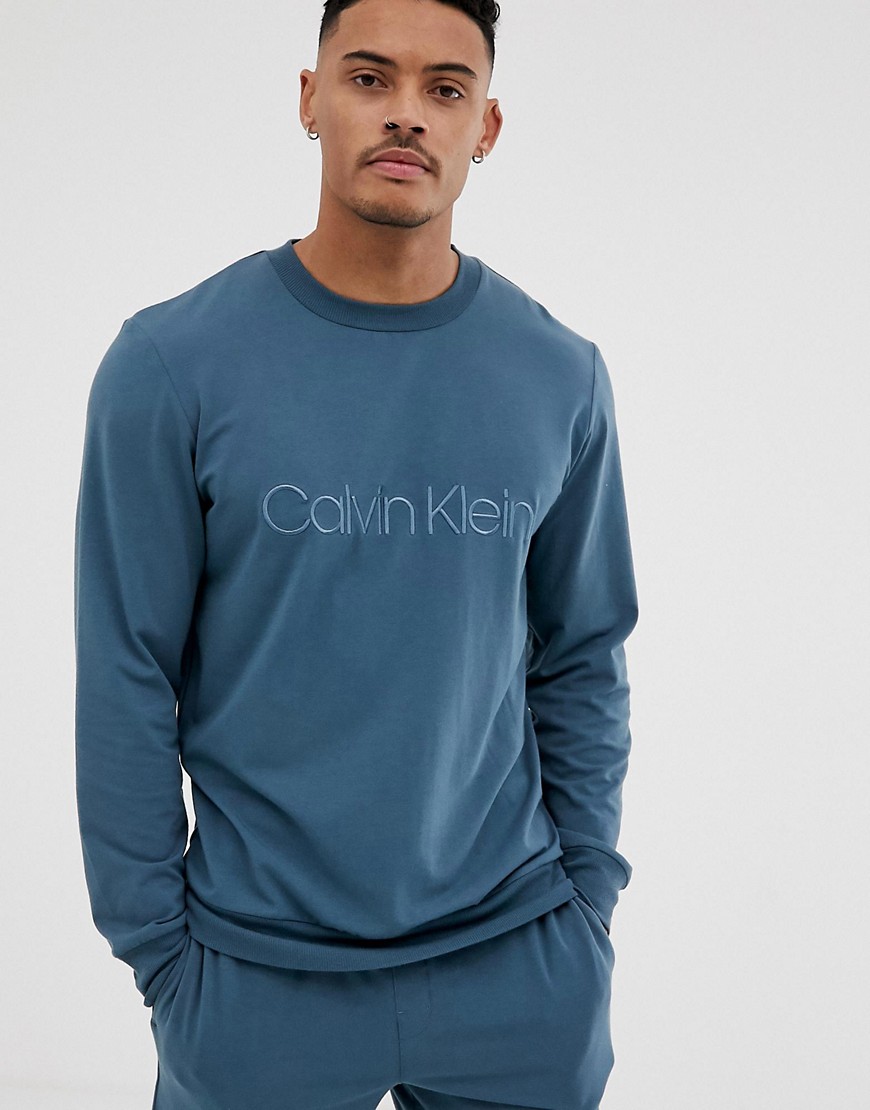 Calvin Klein embroidered logo crew neck sweat in steel blue-Grey