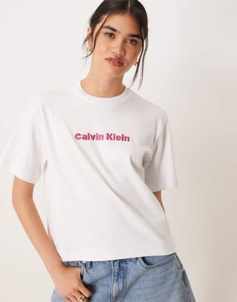 Calvin Klein embroidery logo t-shirt in white and pink - view 1