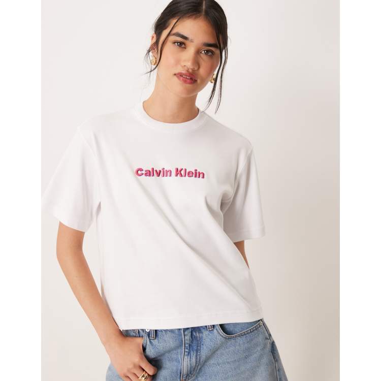 Calvin Klein embroidery logo t-shirt in white and pink ASOS