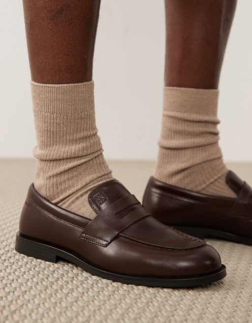 Calvin Klein Essential leather penny loafers in brown | ASOS display picture 1