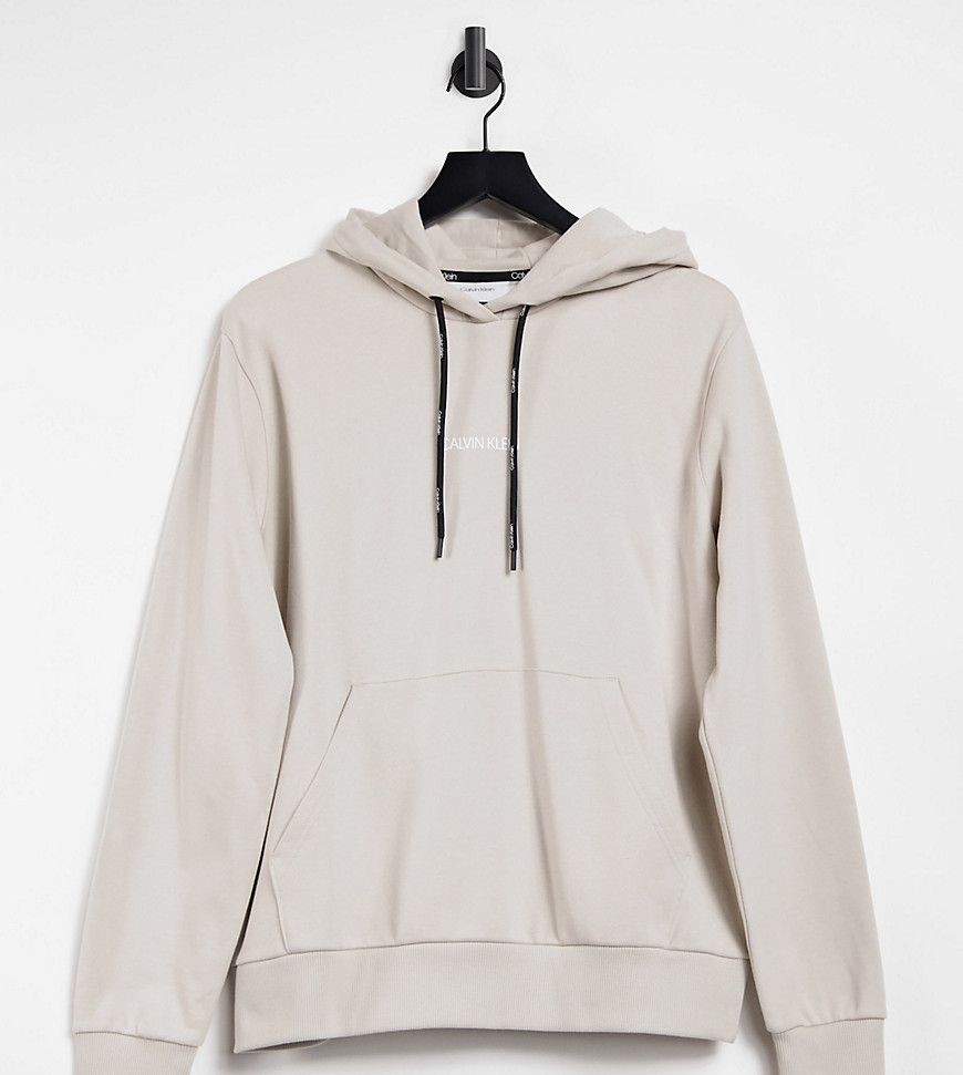 Calvin Klein exclusive to ASOS central front and vertical back logo hoodie in bleached stone-Neutral