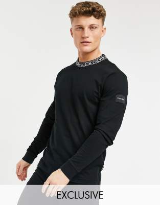 Calvin Klein exclusive to ASOS neck logo long sleeve top in CK black