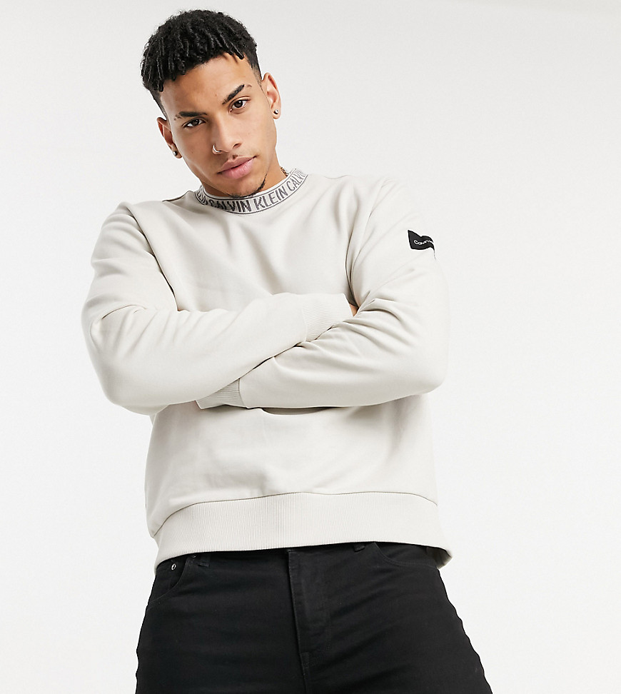 Calvin Klein exclusive to Asos neck logo relaxed fit sweatshirt in stone-Neutral