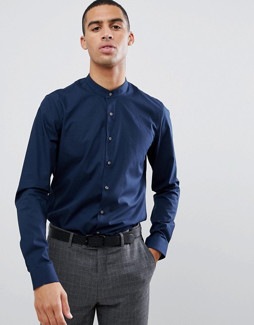 Calvin Klein extra slim stretch shirt grandad collar midnight blue | ASOS
