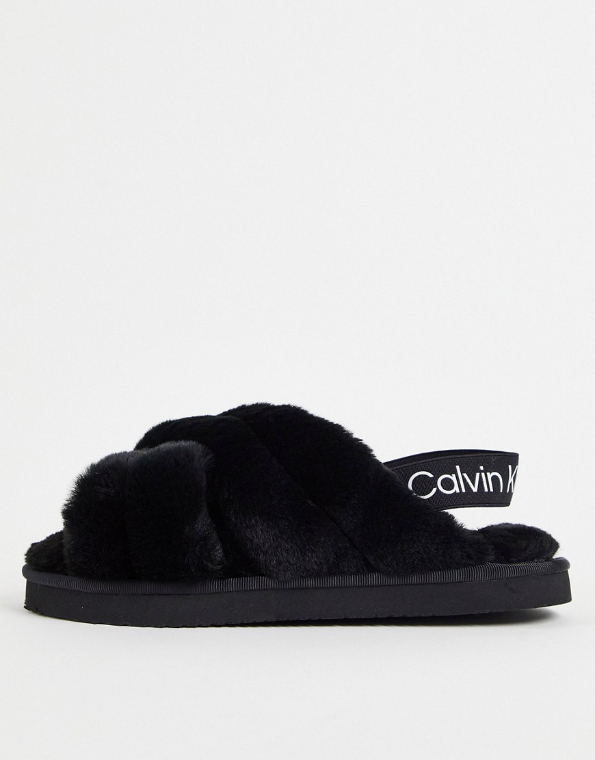 Calvin Klein faux fur logo band slide slipper in black