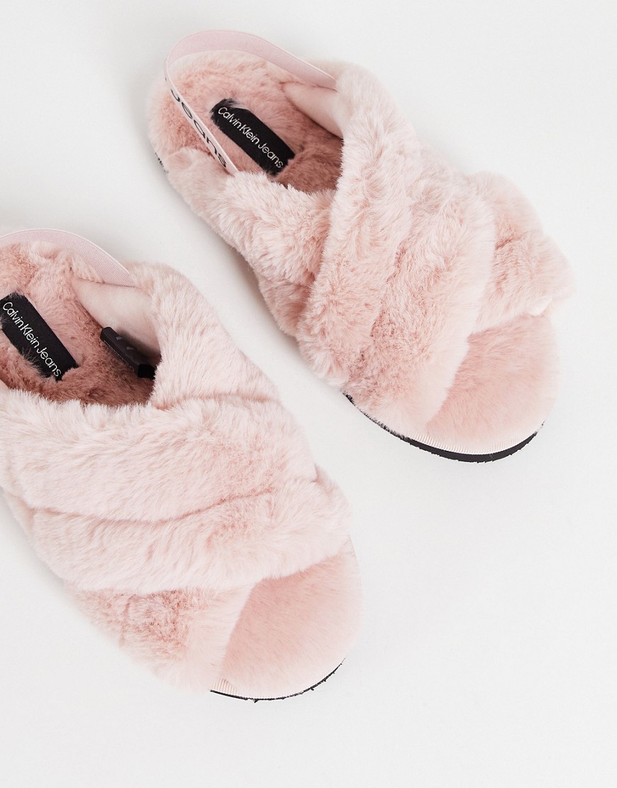Calvin Klein faux fur logo band slide slippers in pink