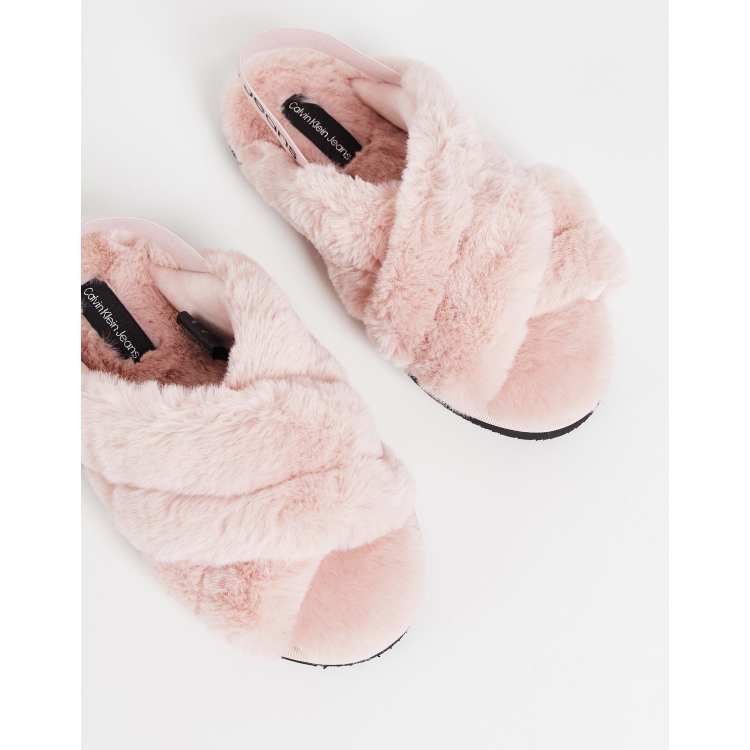 Klein faux fur logo band slide slippers pink ASOS