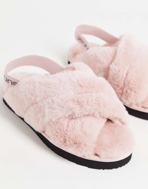 Klein faux fur logo band slide slippers pink ASOS