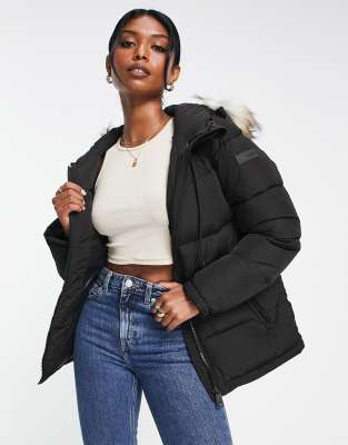 Calvin Klein faux fur trim hooded jacket in black