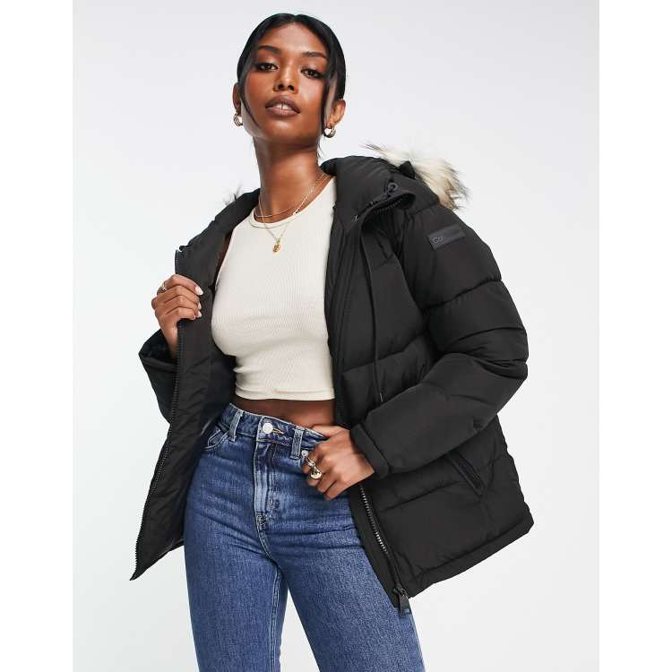 Calvin klein black down jacket with faux hot sale fur trim