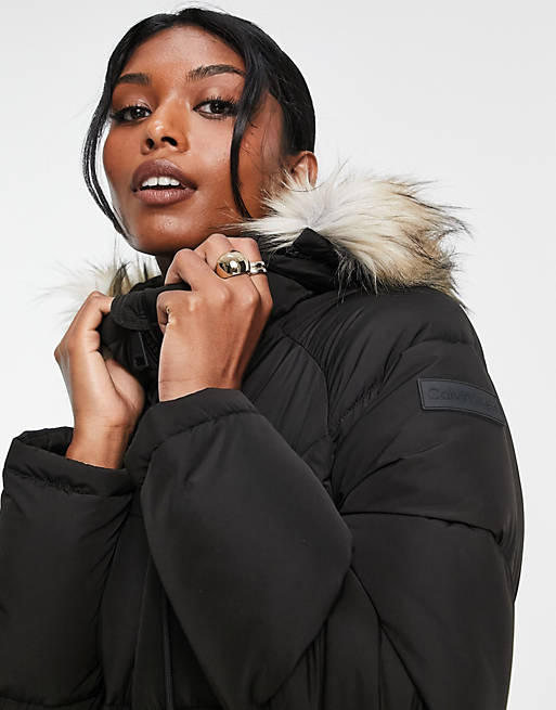 Calvin Klein faux fur trim hooded jacket in black | ASOS