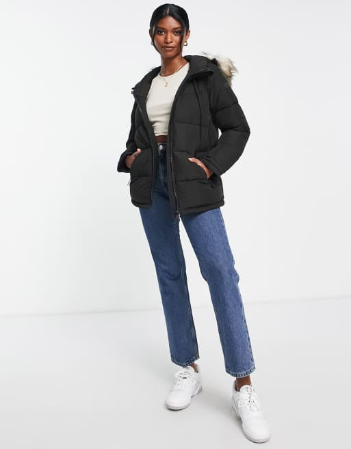 Faux fur hood puffer jacket calvin klein deals