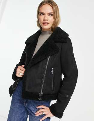 Calvin Klein faux shearling aviator jacket in black