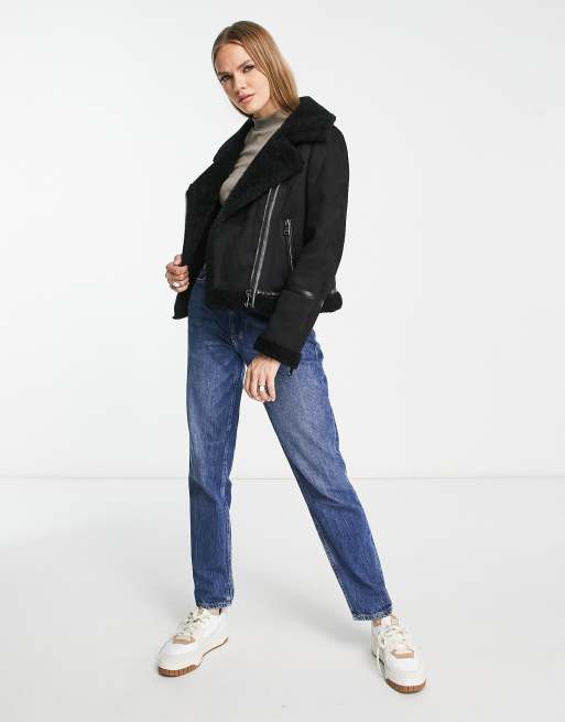 Calvin Klein faux shearling aviator jacket in black