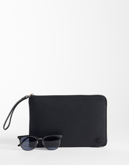 Calvin Klein faux suede pouch bag with handle in black, 2 of 4
