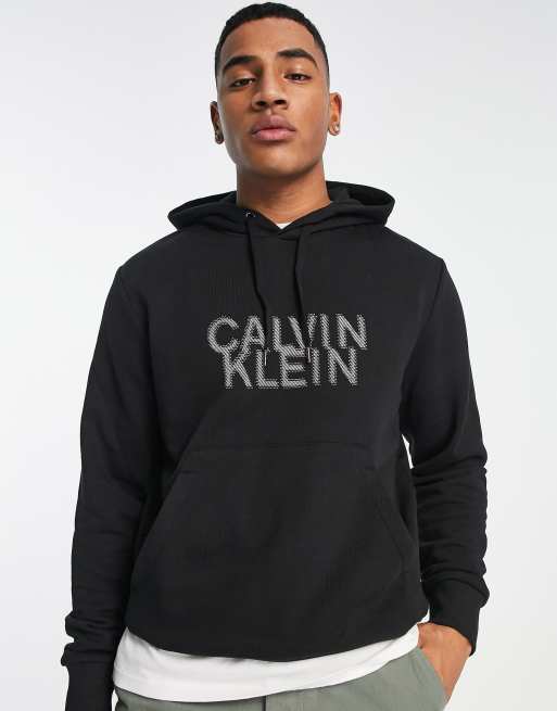 Calvin Klein - Felpa con cappuccio nera in misto cotone con logo distorto 