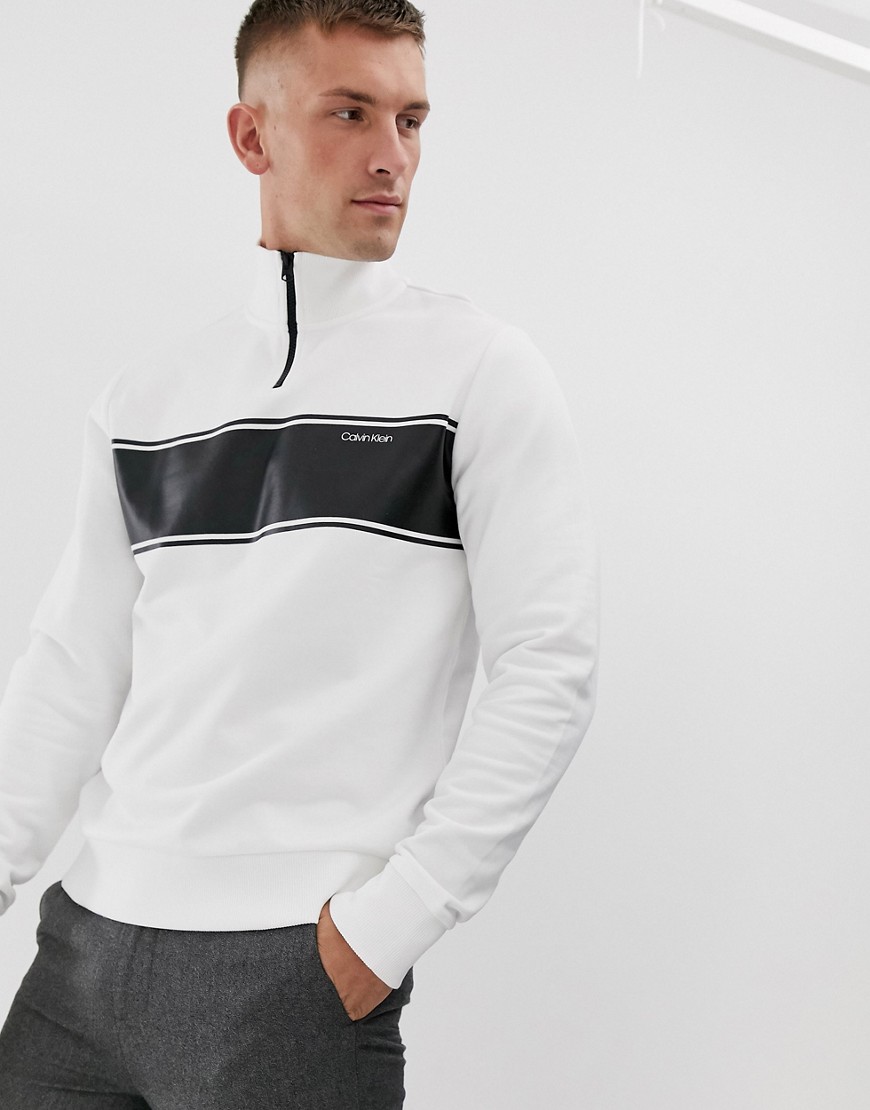 Calvin Klein - Felpa con mezza zip bianca con riga sul petto-Nero